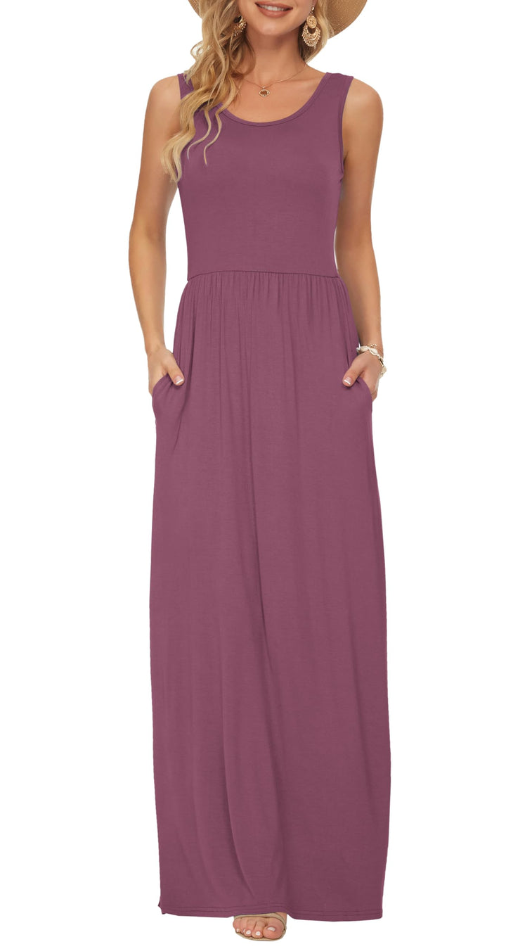 AUSELILY Damen Sommer Maxikleid | Ärmelloses,Taschen,Lockeres,Lässiges,Langes,Atmungsaktives Materia