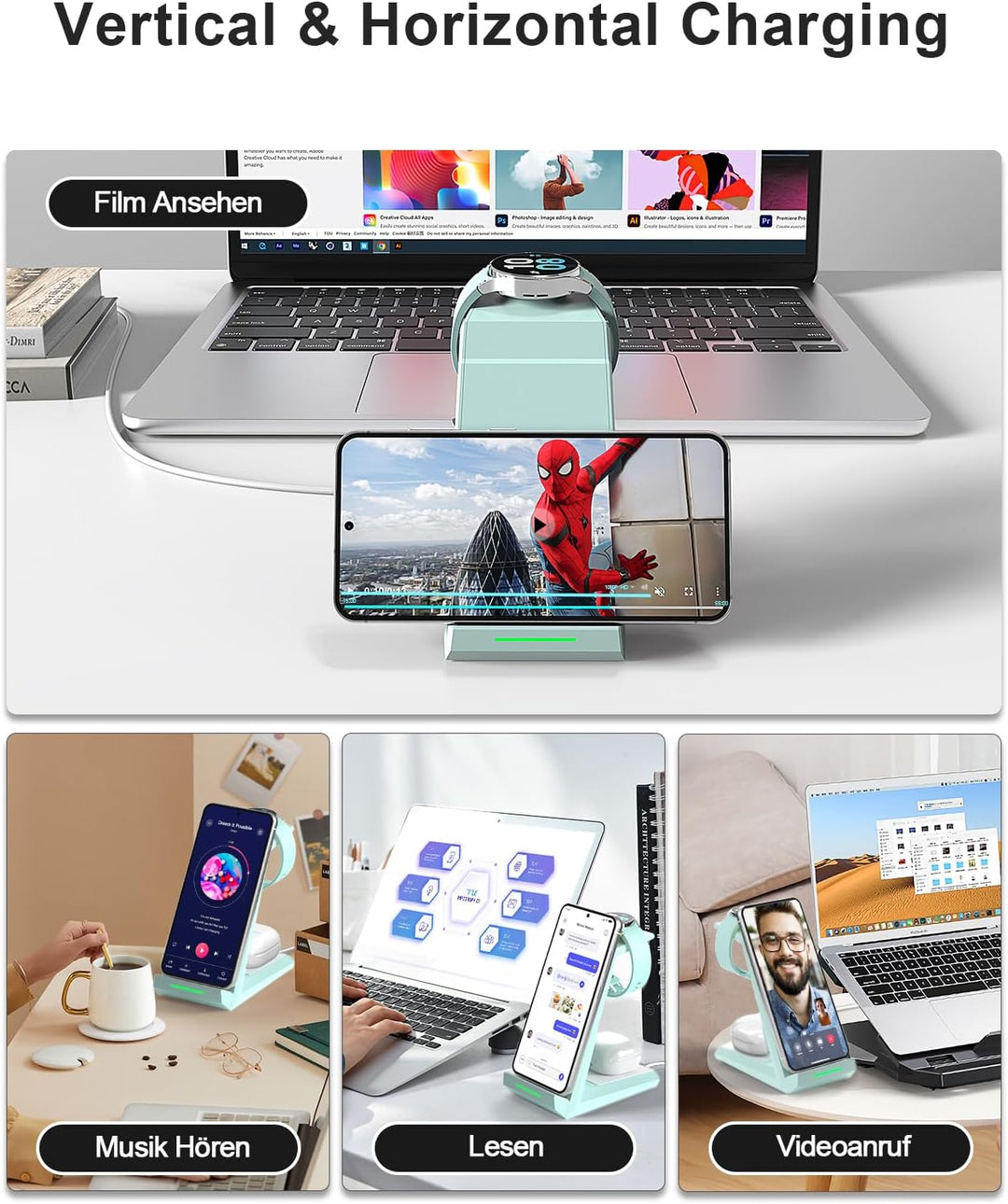 Induktive Ladestation für Samsung，ADADPU Kabelloses Ladegerät 3 in 1 Kompatibel für Galaxy Watch 8/7