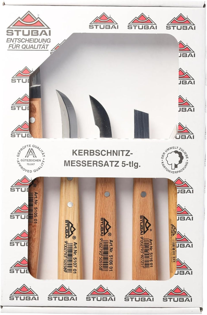 STUBAI Kerbschnitzmessersatz 5-teilig im Karton | Schnitzmesser mit Holzheft, Holzschnitzwerkzeug fü