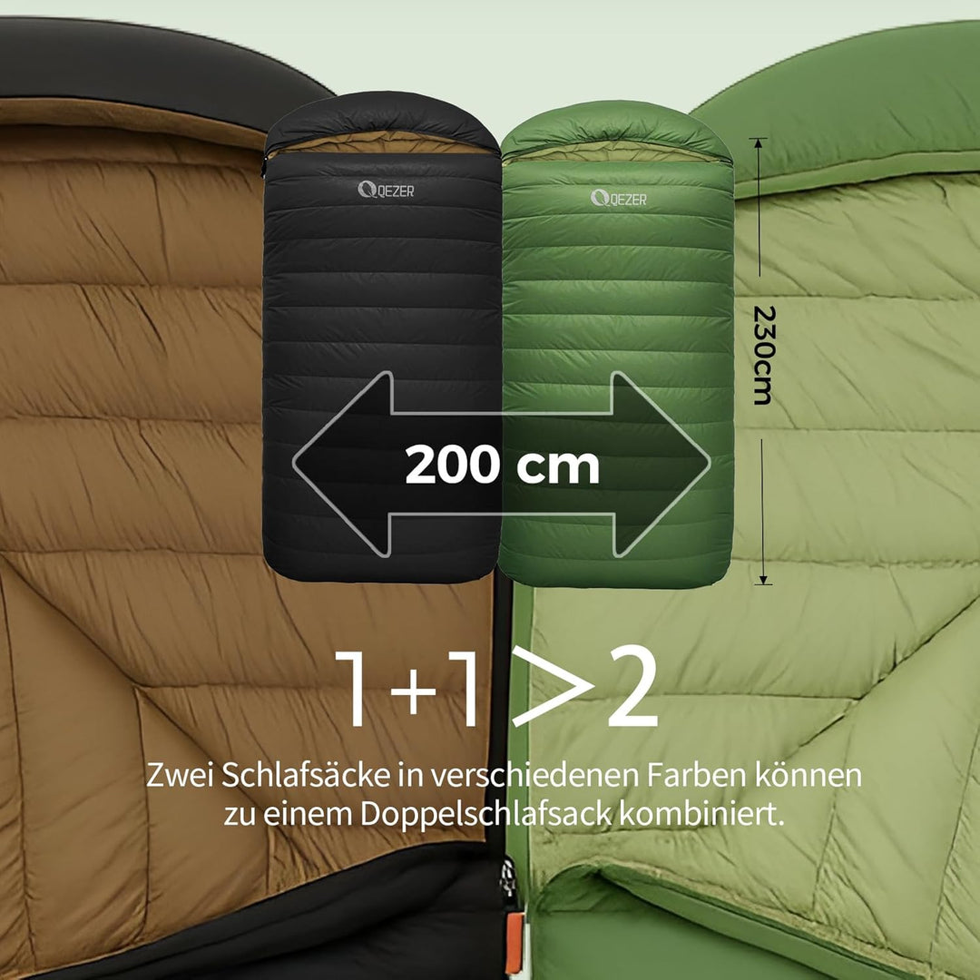 XXL Daunenschlafsack 3-4 Jahreszeiten extra grosser Schlafsack 230cm x100cm, leicht und warm Daunen