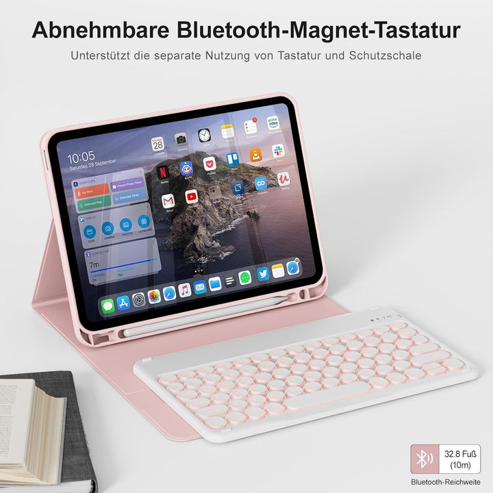 Hülle mit Tastatur für iPad A16 11/10 Generation (2025/2022, 11/10.9 Zoll), 7 Farben Beleuchtete Abn