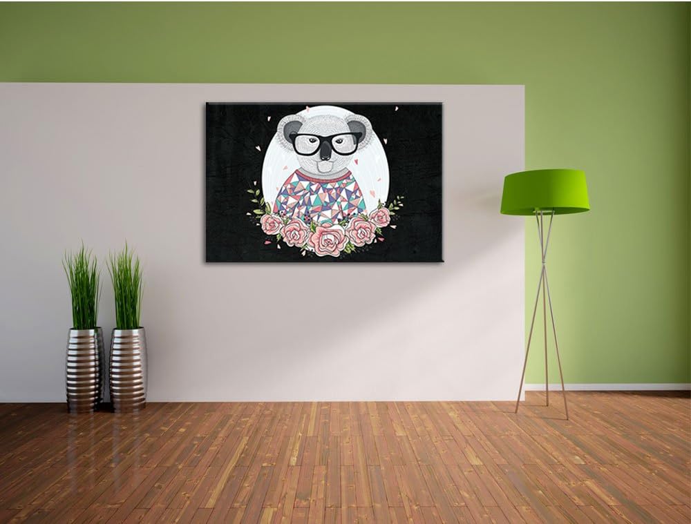 Pixxprint Hipster Koala mit Rosen als Leinwandbild/Grösse: 100x70 cm/Wandbild/Kunstdruck/fertig besp
