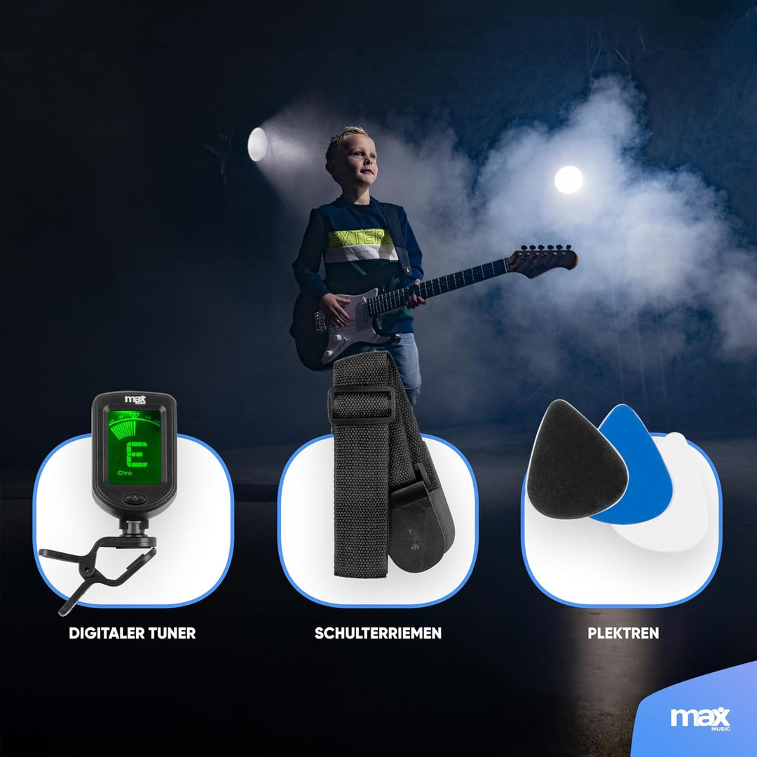 Max GigKit Junior 3/4 - Kinder E Gitarre Set, E Guitar, Elektrogitarre mit Verstärker 20 Watt, Tasch
