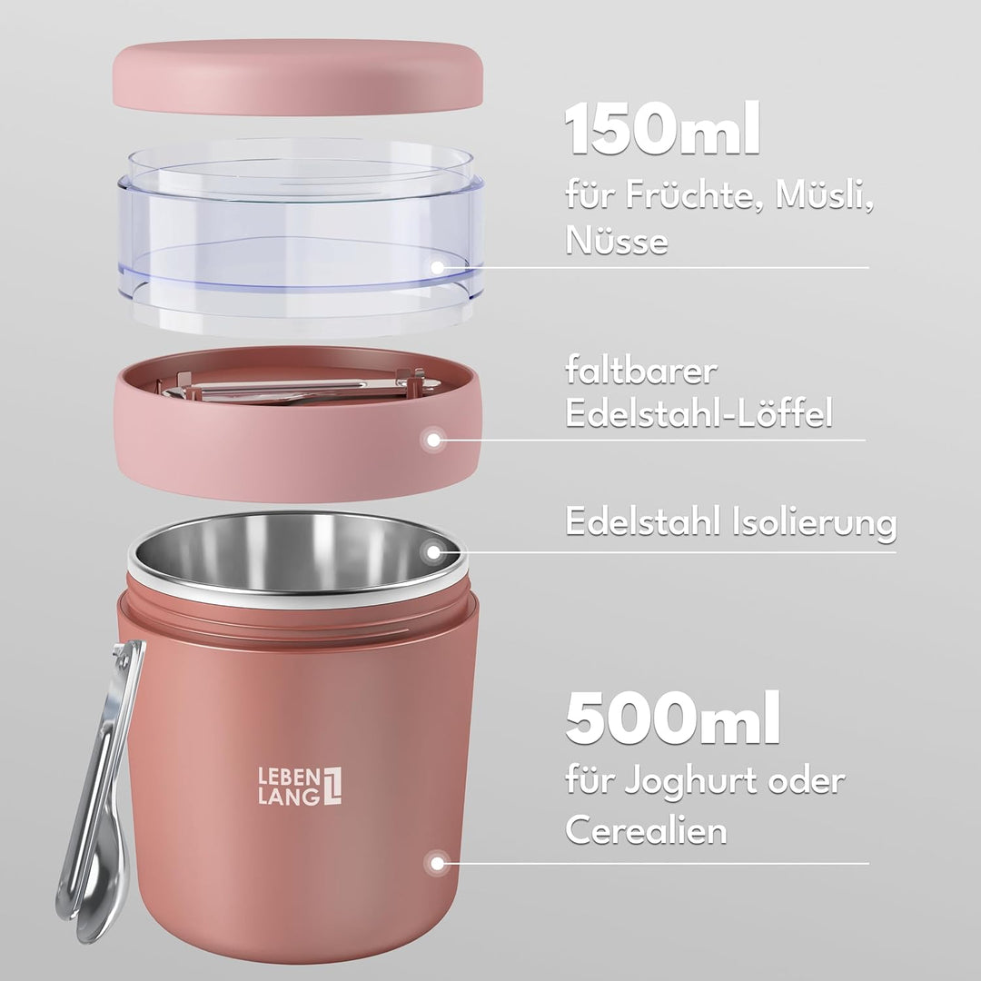 LEBENLANG Müslibecher To Go mit Löffel - Isolierende Edelstahlinnenwand & 650ml I Müslibecher Müsli