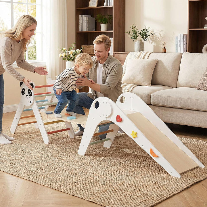 FANTASK Kletterdreiecke Indoor 3er Set, Klappbares Klettergerüst Holz mit Rutsche, Rampe & Kletterle