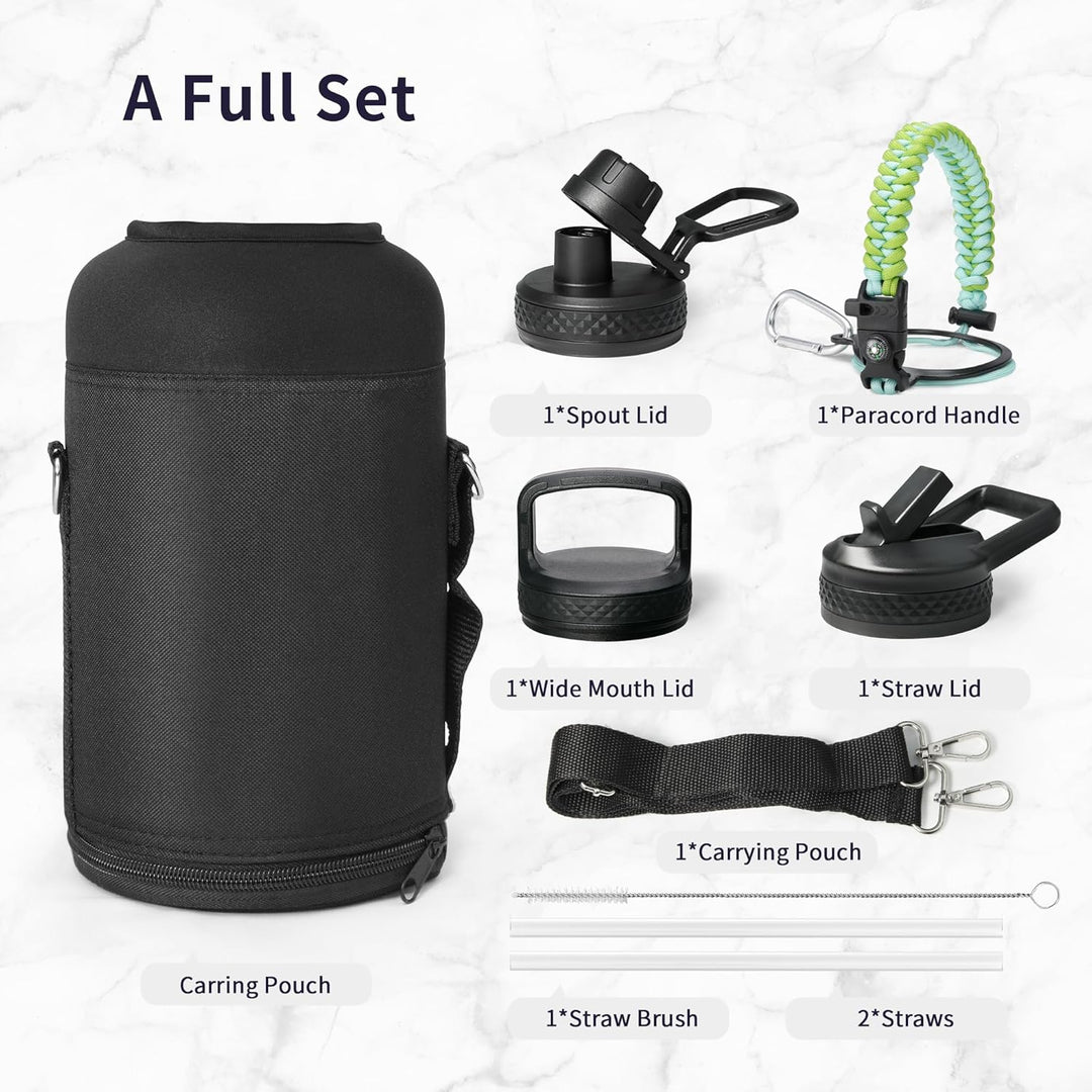 Trebo Isolierte Wasserflasche mit Paracord-Griff und Strohhalm, 1,8 l Fassungsvermögen, Edelstahl, g