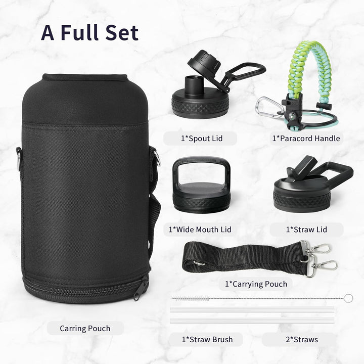 Trebo Isolierte Wasserflasche mit Paracord-Griff und Strohhalm, 1,8 l Fassungsvermögen, Edelstahl, g