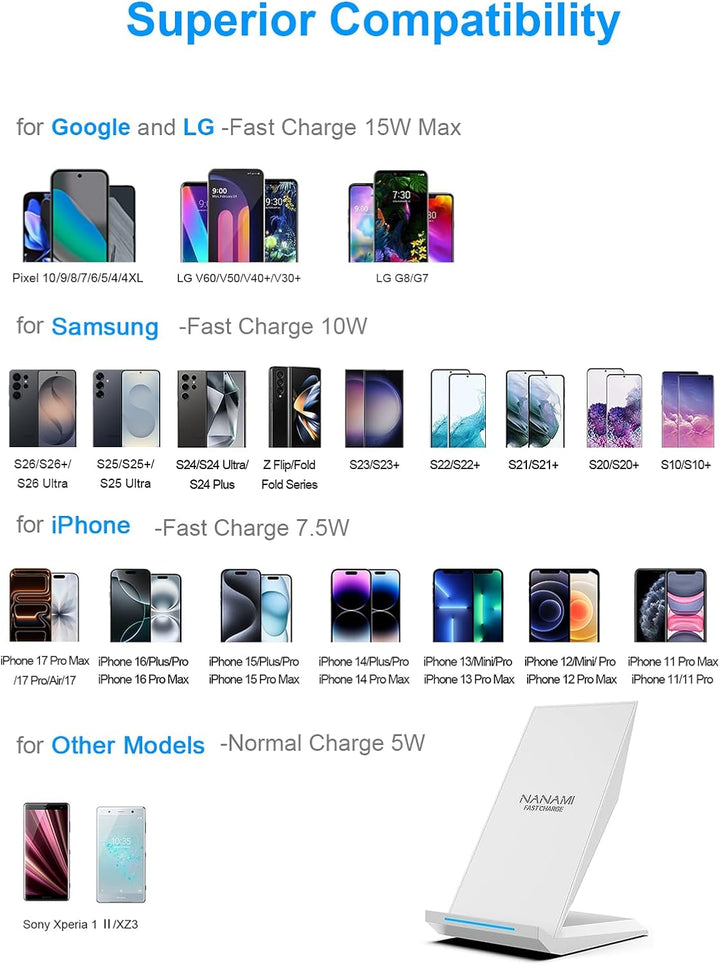 NANAMI Wireless Charger - Induktive Ladestation für iPhone 17 16 15 14 13 12 Pro 11 XS Max XR X 8 Pl