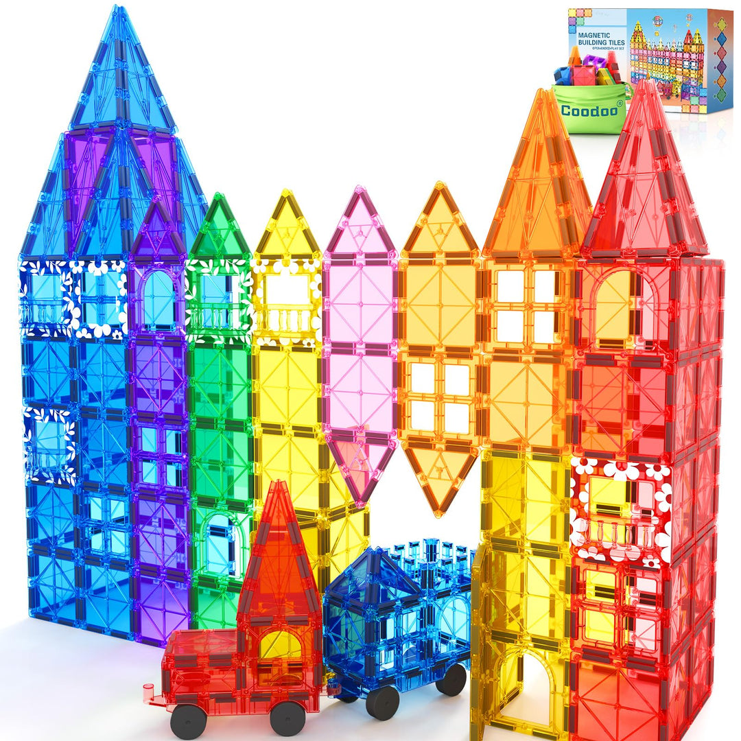 100 Magnetische Fliesen STEM Bauspielzeug mit 2 Autos, Sensorische Magnetische Bausteine für Kleinki