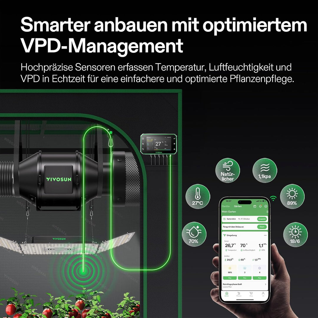 VIVOSUN Rohrventilator 100mm Abluftventilator 331m³/h mit EC-Motor und GrowHub E42A WLAN-Controller