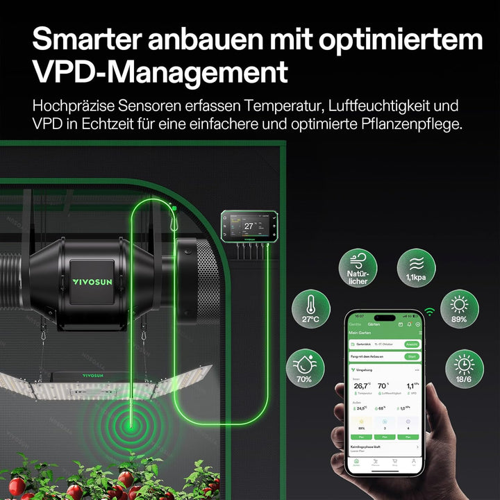 VIVOSUN Rohrventilator 100mm Abluftventilator 331m³/h mit EC-Motor und GrowHub E42A WLAN-Controller