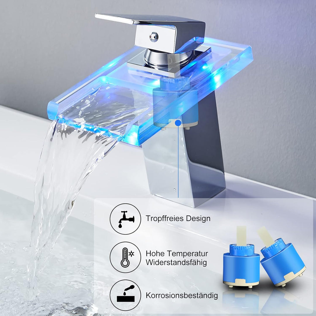 KEOKBON Wasserhahn Bad, LED Lichter Wasserhahn, Einhandmischer Wasserfall Wasserhahn, Kaltes und Hei
