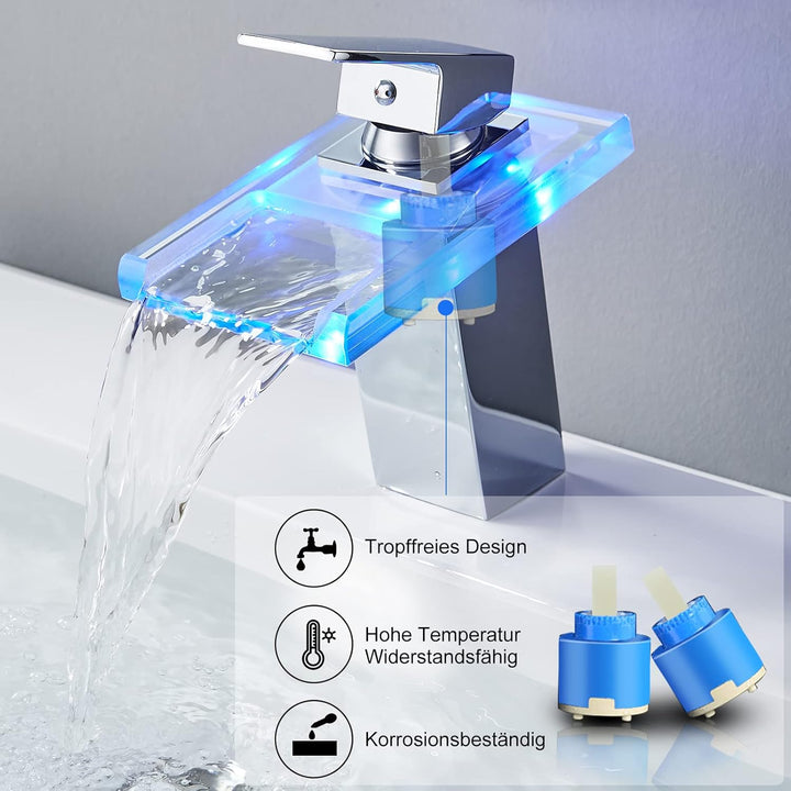 KEOKBON Wasserhahn Bad, LED Lichter Wasserhahn, Einhandmischer Wasserfall Wasserhahn, Kaltes und Hei