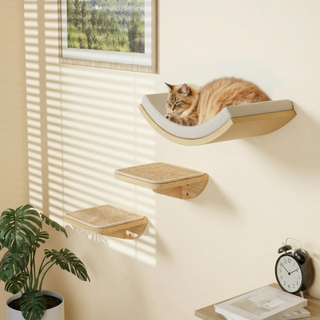 Katzentreppe Wand, Katzen Kletterwand 3er-Set mit 2 Kletterstufen & Gebogenen Plattformen, Wandmonti