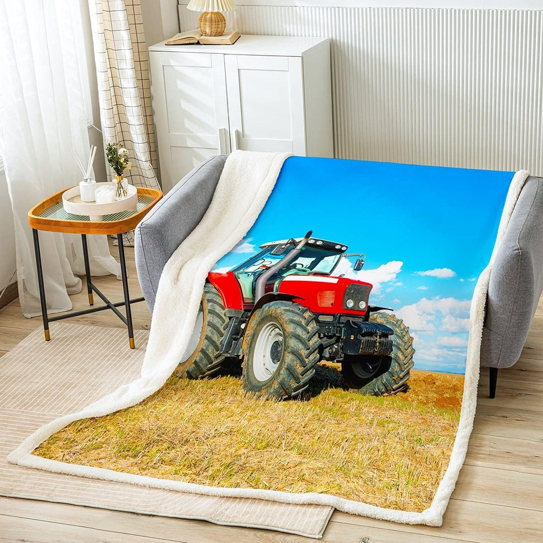 Loussiesd Jungen Traktor gedruckt Kuscheldecke Bauwagen Muster Wohndecke für Bett Rot Schwere Maschi