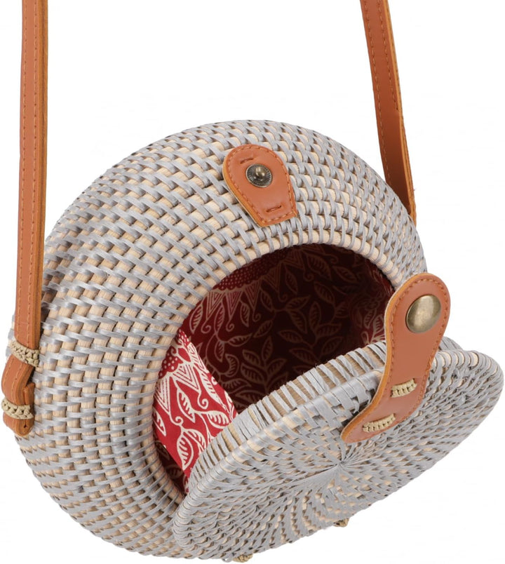 GURU SHOP Geflochtene Handtasche, Korbtasche, Rattantasche, Balitasche Rund - Modell 1, 20x20x7 cm,