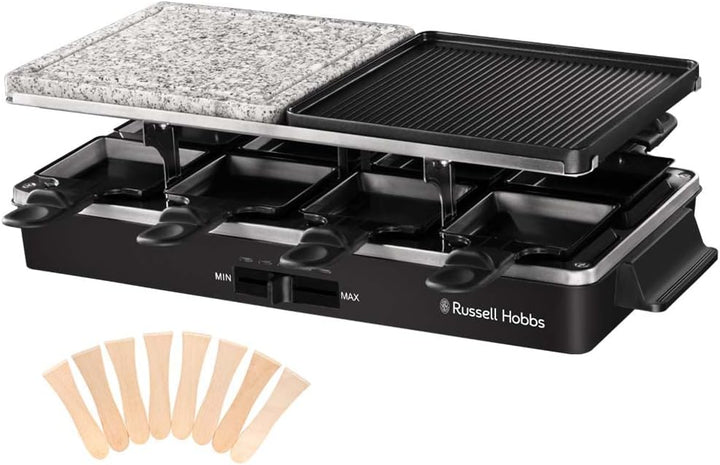 Russell Hobbs Raclette Grill 8 Personen (inkl. 8 Pfännchen & Holzspachtel,2 Tischgrill-Platten: Natu