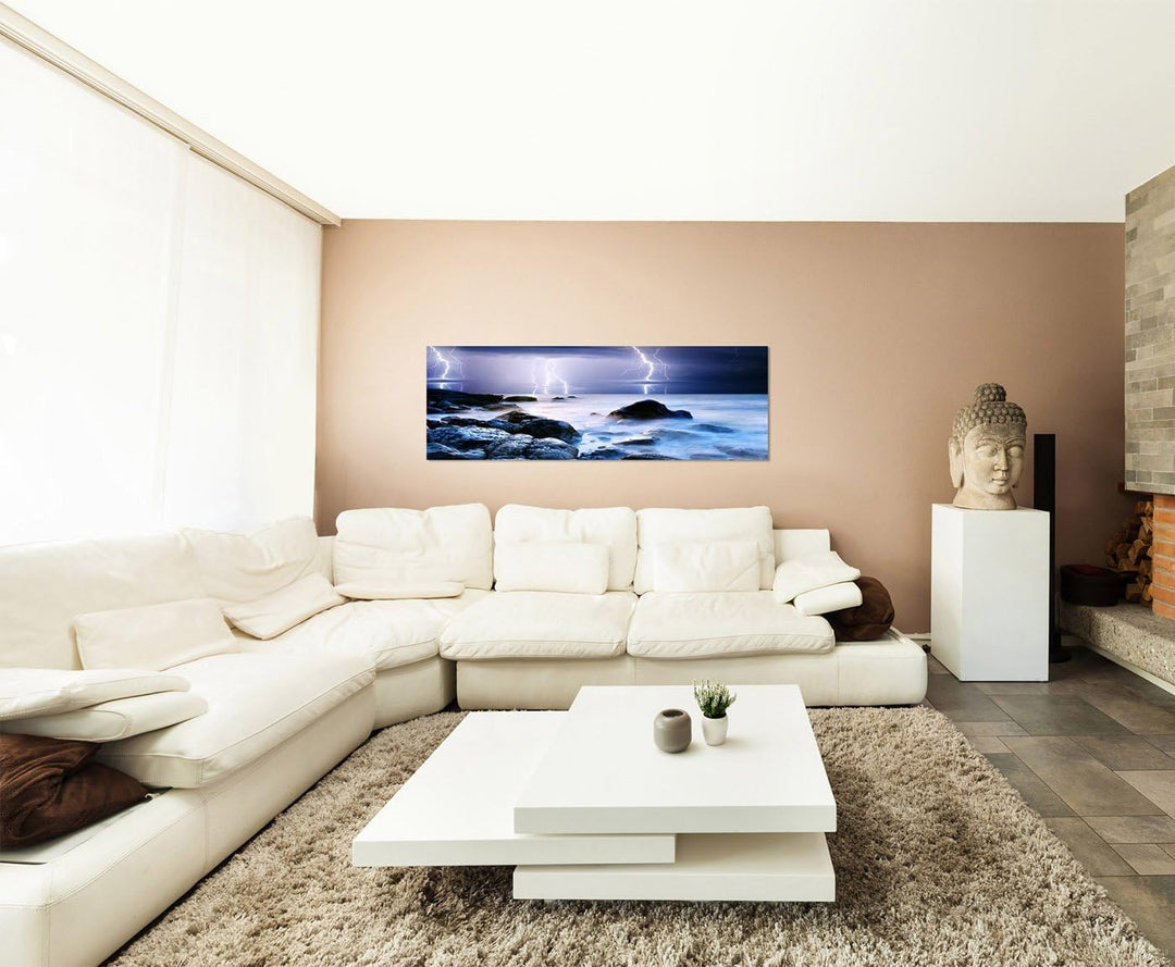 Paul Sinus Art Panoramabild auf Leinwand und Keilrahmen 150x50cm Meer Sturm Gewitter Blitze Dunst