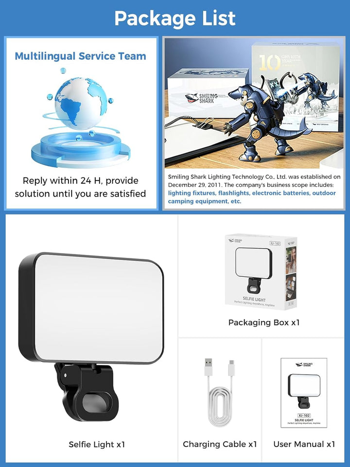 Smiling Shark Selfie Lampe, Handylicht Aufladbar Kompakt & Ultraleicht mit verstellbarem Winkel 3 Fa