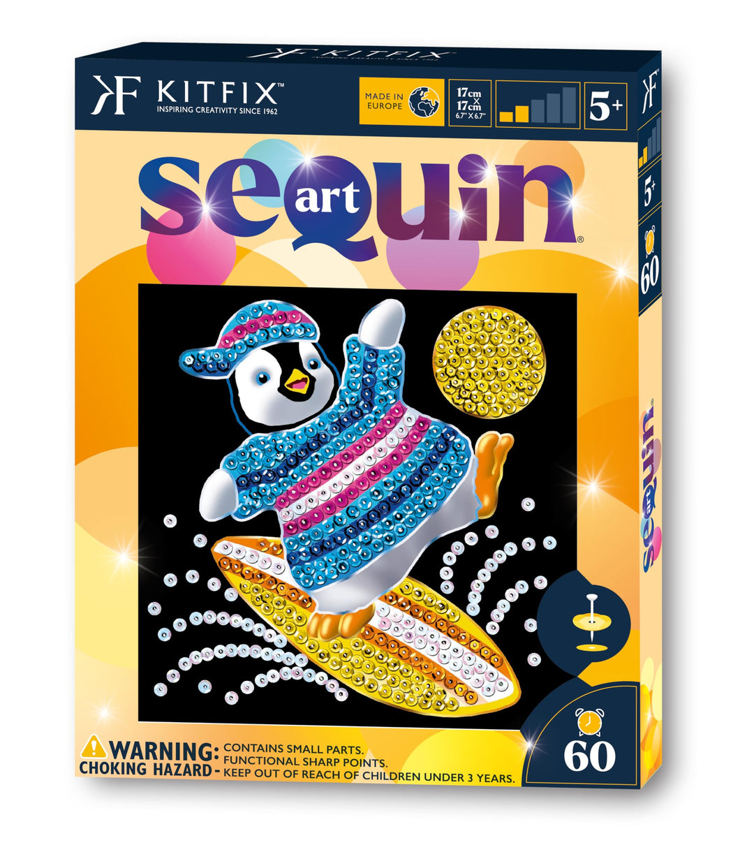 Kitfix - Sequin Art® 60 - Pinguin - Paillettenbild für Kinder- 20 x 20cm - 60min Bastelprojekt - Bas