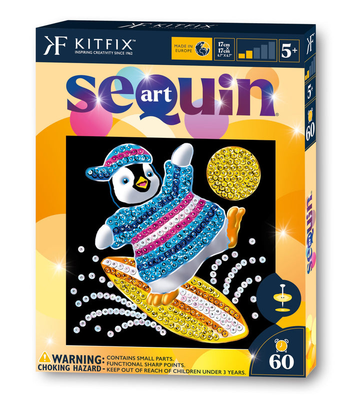 Kitfix - Sequin Art® 60 - Pinguin - Paillettenbild für Kinder- 20 x 20cm - 60min Bastelprojekt - Bas