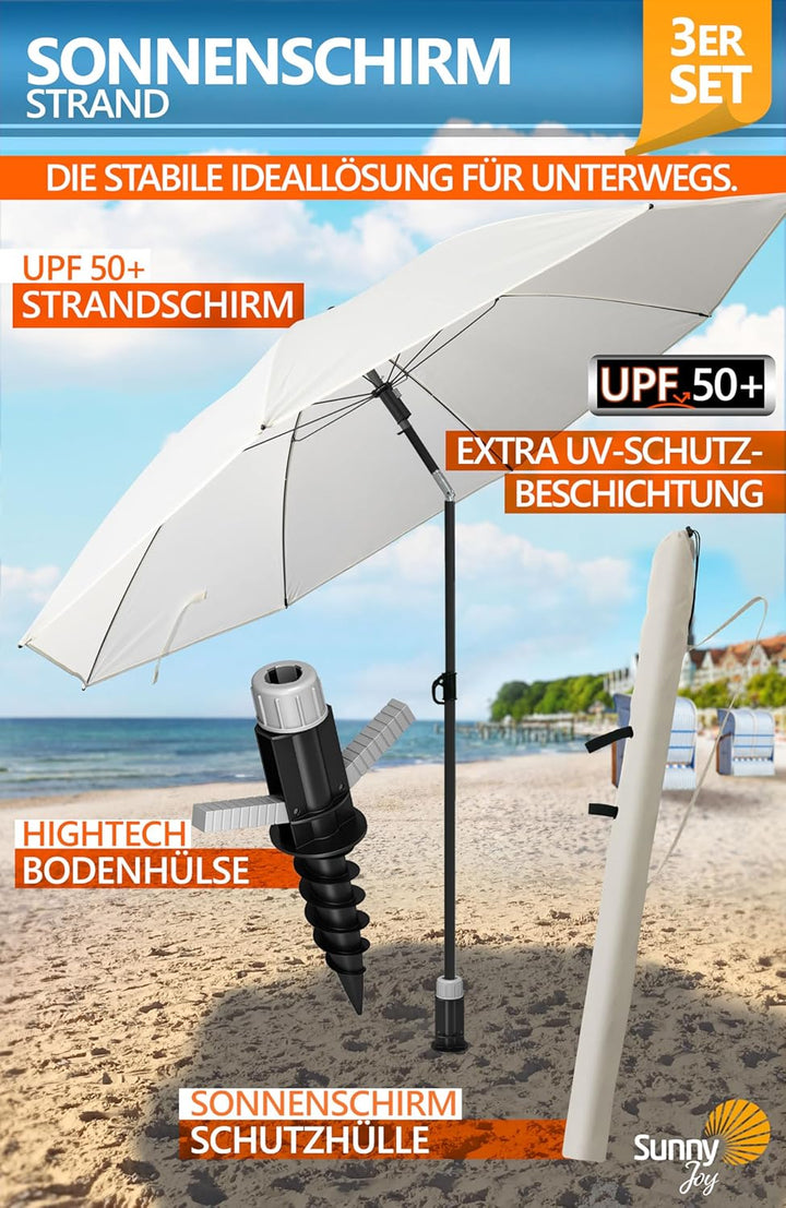 4smile Sonnenschirm Strand SunnyJoy, 3-in-1 SET, Beige - UPF 50+ Strandschirm Ø 160 cm + Sonnenschir