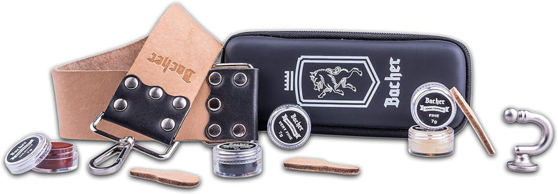 BACHER Premium Leder Streichriemen zum Schärfen von Rasiermesser Set mit Polierpaste für Abziehrieme