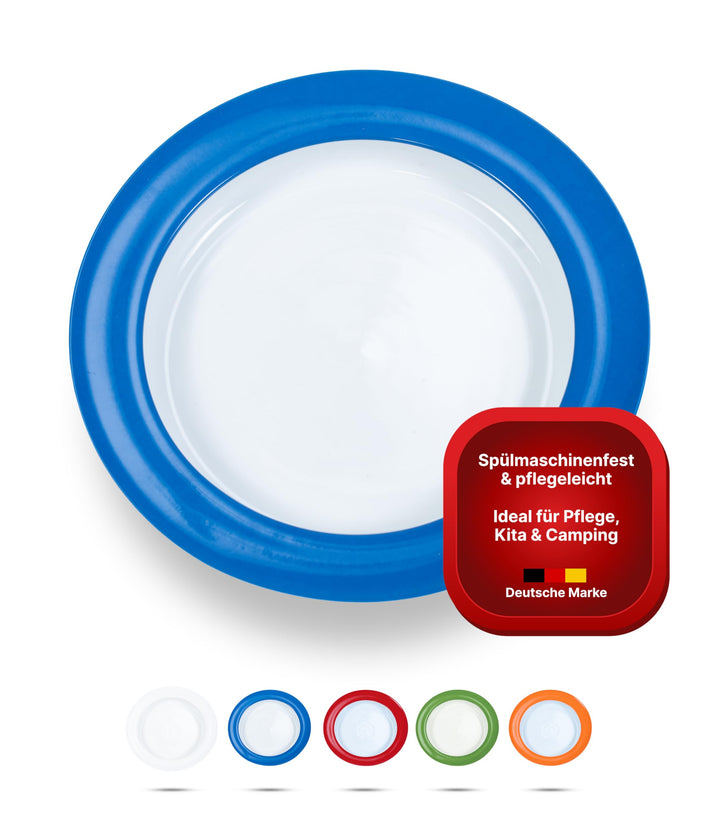 unisonoPLUS Suppenteller Porzellan Blau 22 cm – Spezialteller mit Schiebekante, rutschfest, spülmasc