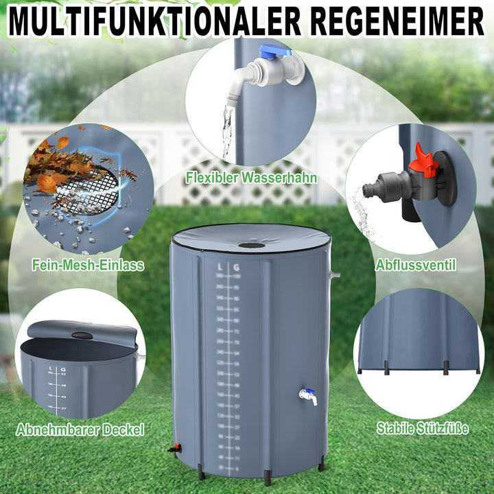NAIZY Regentonne 380 Liter Regenwassertonne Zusammenklappbar Regenwassertank mit PVC Schutzabdeckung