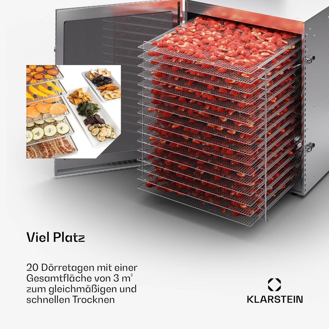 Klarstein Dörrgerät, Dörrautomat für Gemüse, Obst, Pilze & Fleisch, 2000W Edelstahl-Dörrautomat, Tro