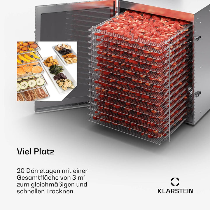 Klarstein Dörrgerät, Dörrautomat für Gemüse, Obst, Pilze & Fleisch, 2000W Edelstahl-Dörrautomat, Tro