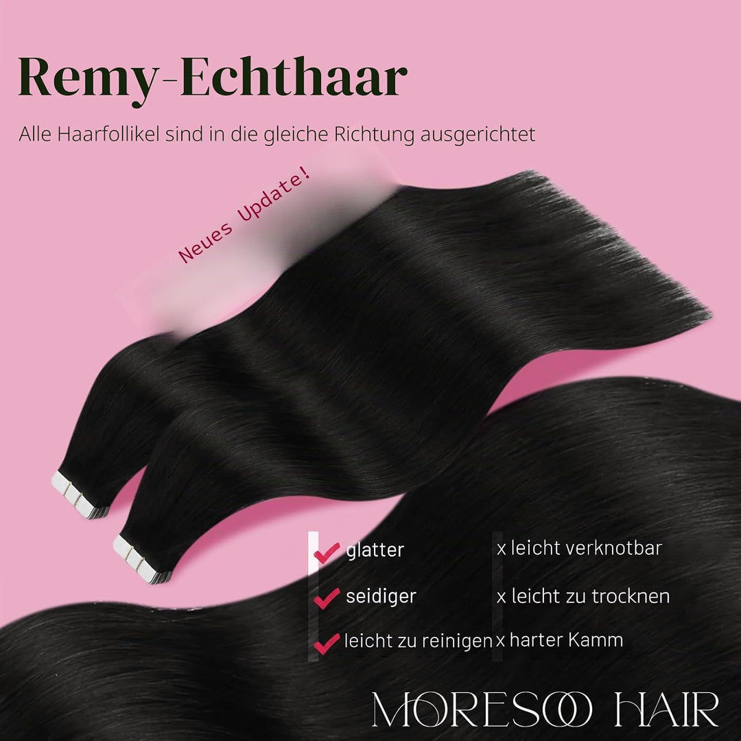 Moresoo Tape Extensions Echthaar Schwarzes Haar Extensions Tape Nahtlose Unsichtbar Remy Tape in Haa