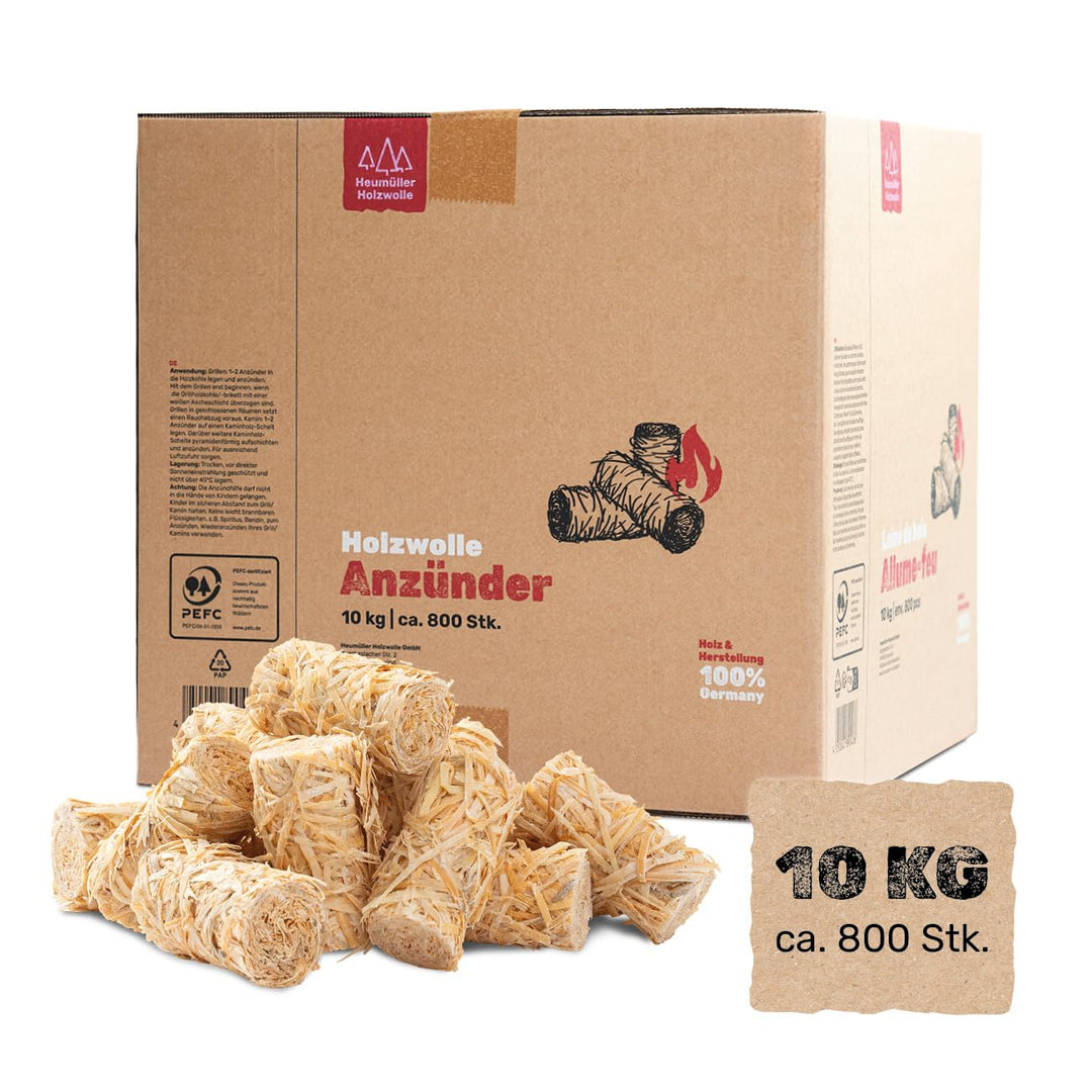 Heumüller Holzwolle Premium Holzwolle-Anzünder 10 kg (ca. 800 Stück) | Öko-Anzünder aus Holzwolle &
