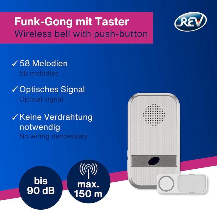 REV 0082630103 Funk Türgong Set Orchestra drahtlos, 150m, 90dB, Funkgong 230VAC und Klingeltaster, w