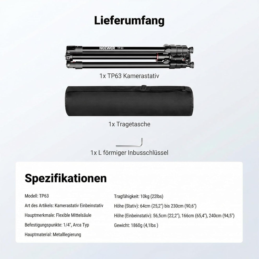 NEEWER 90 Zoll hohes horizontales Kamerastativ Einbeinstativ mit Kugelkopf, Metall DSLR Video Reises