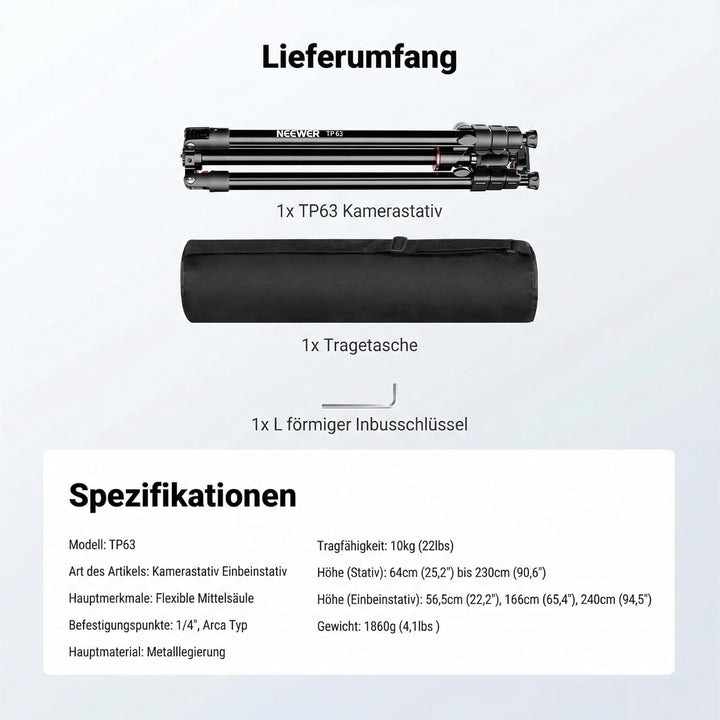 NEEWER 90 Zoll hohes horizontales Kamerastativ Einbeinstativ mit Kugelkopf, Metall DSLR Video Reises