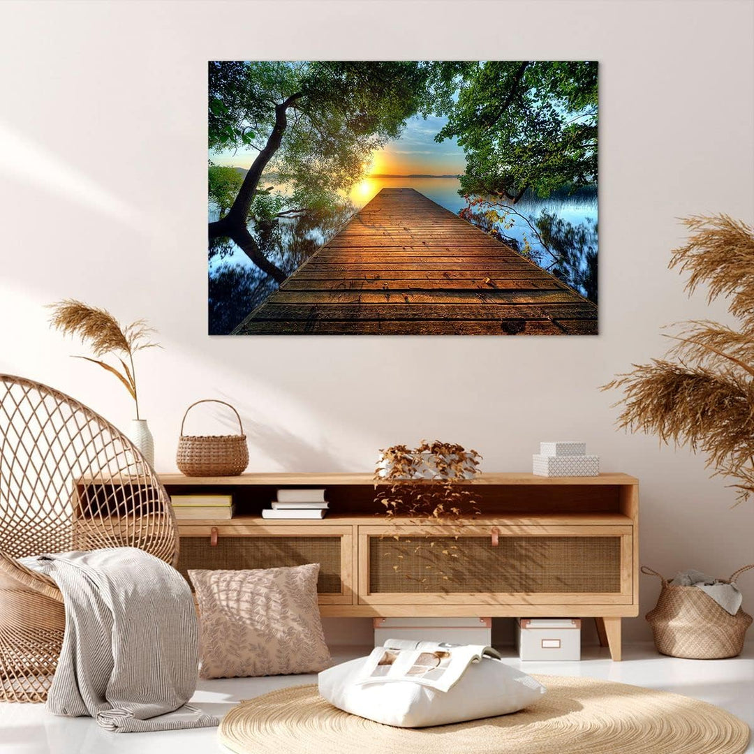 ARTTOR Bilder auf Leinwand 100x70cm Leinwandbild mit Rahmen Brücke See Gross Wanddeko Bild Schlafzim