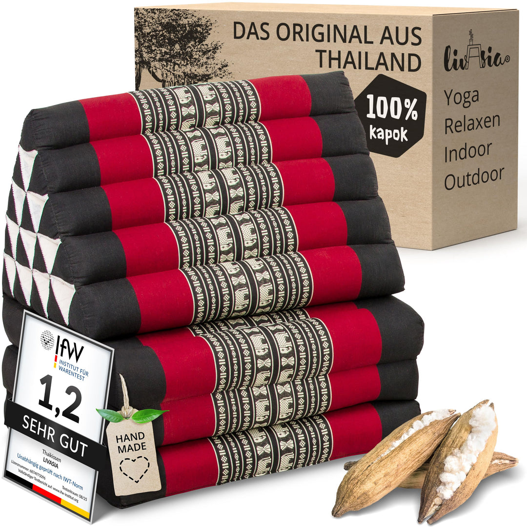 livasia Thaikissen 3 Auflagen extrahoch - 185x55x8cm - Dreieckskissen mit Klappmatratze, Kapok, Jumb