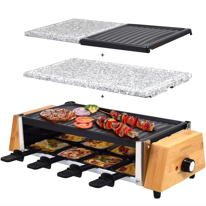 Syntrox Germany RAC-1200W-Murten Raclette im Holz Design mit geteilten Platten Heisser Stein & Grill