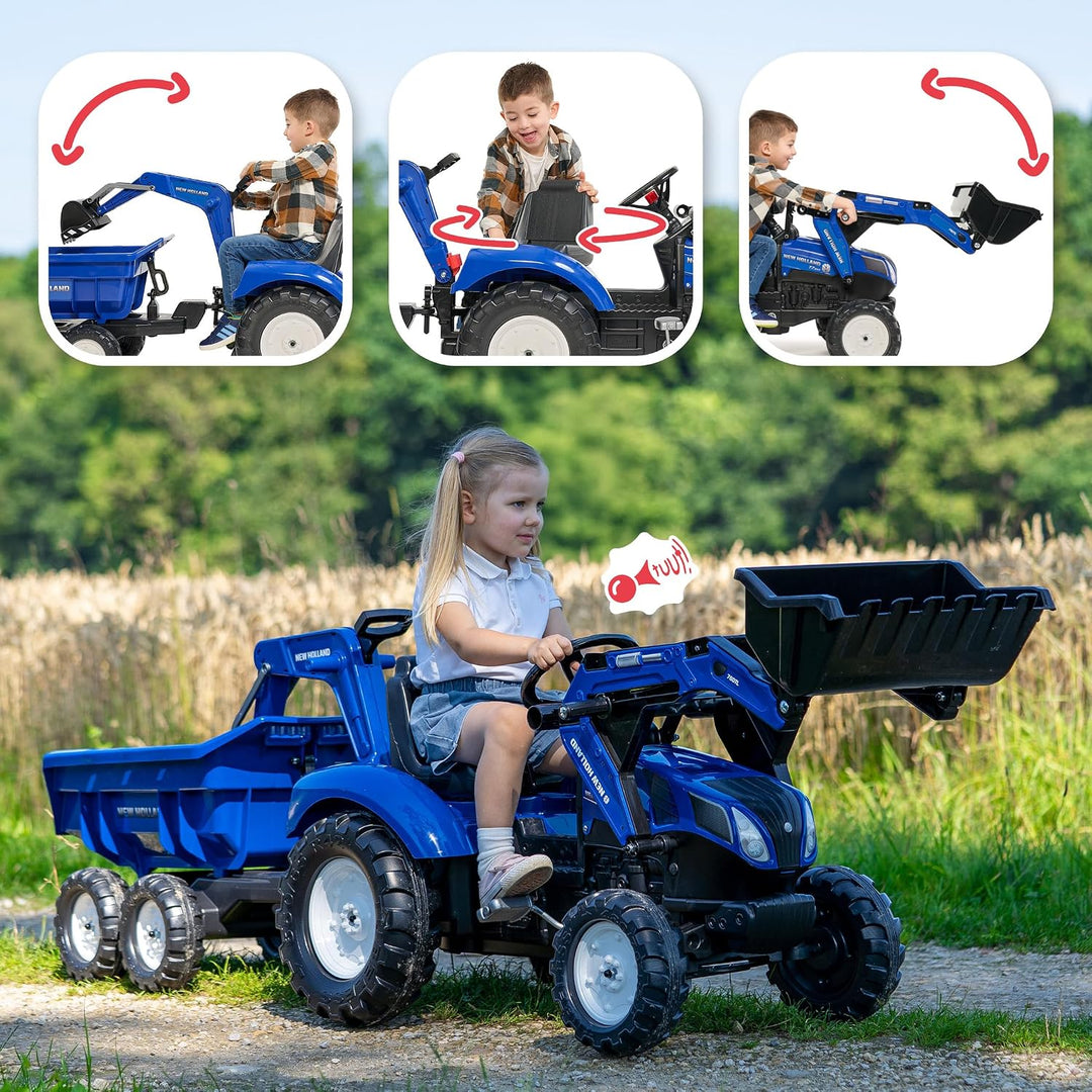 Falk New Holland T8 Tractor + Aanhanger + Lader + Graafarm Frontlader, Heckbagger, Kippbarem Anhänge