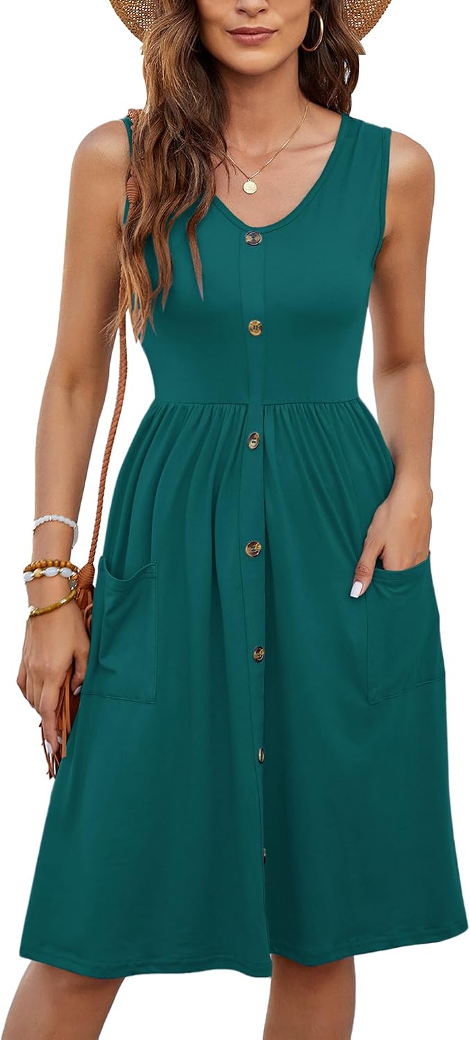 MOLERANI Damen Sommerkleider Ärmellos Lässig Locker Swing Button-Down Midikleid mit Taschen S Dunkel