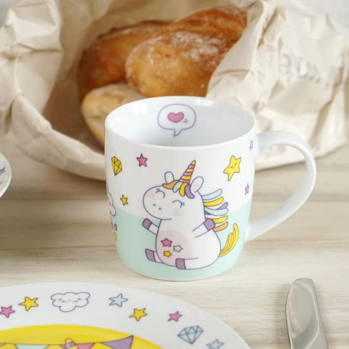 Kinderset Einhorn Doodle 7tlg. mit Gravur (z.B. Namen) personalisiertes Kinderbesteck + Kindergeschi