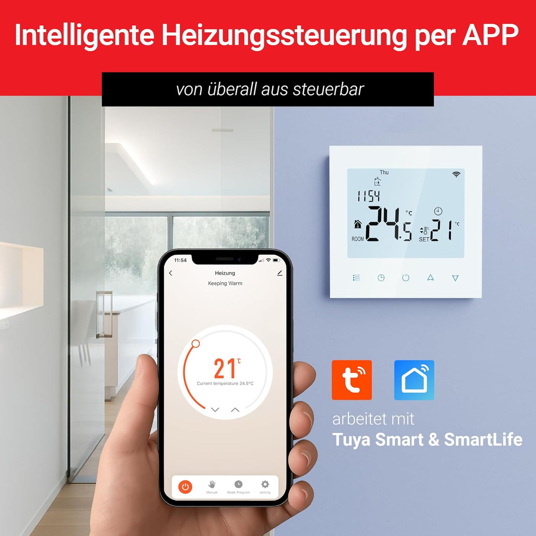 Elektrobock PT740W-EI Raumthermostat mit WiFi | Smartes Thermostat für Fussbodenheizung & Elektrohei