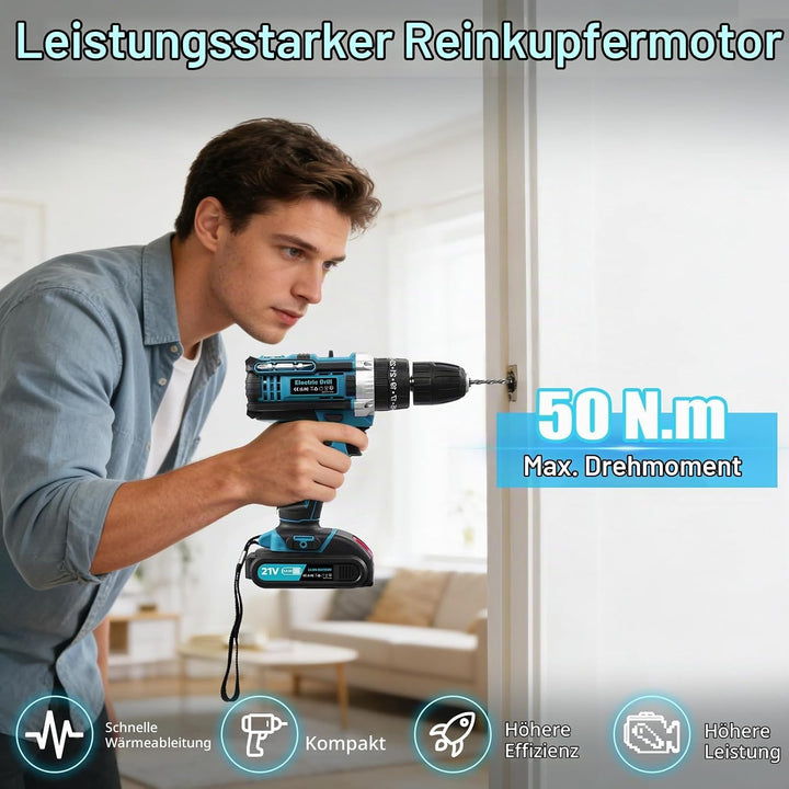 21V Akkuschrauber, Akku Bohrschrauber mit Akku 2000mAh 50Nm Drehmoment Max 25+3 Drehmomentstufen mit