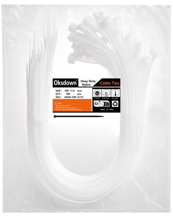 Oksdown 760mm × 7,6mm Breit 100 Stück Extra Stark Kabelbinder mit 55 kg Zugfestigkeit Weiss UV-Bestä