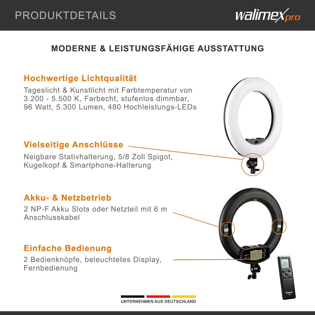 Walimex pro dimmbares LED Ringlicht mit Stativ & 2 Akkus und Ladegerät I Medow 960 Pro Bi Color I 96