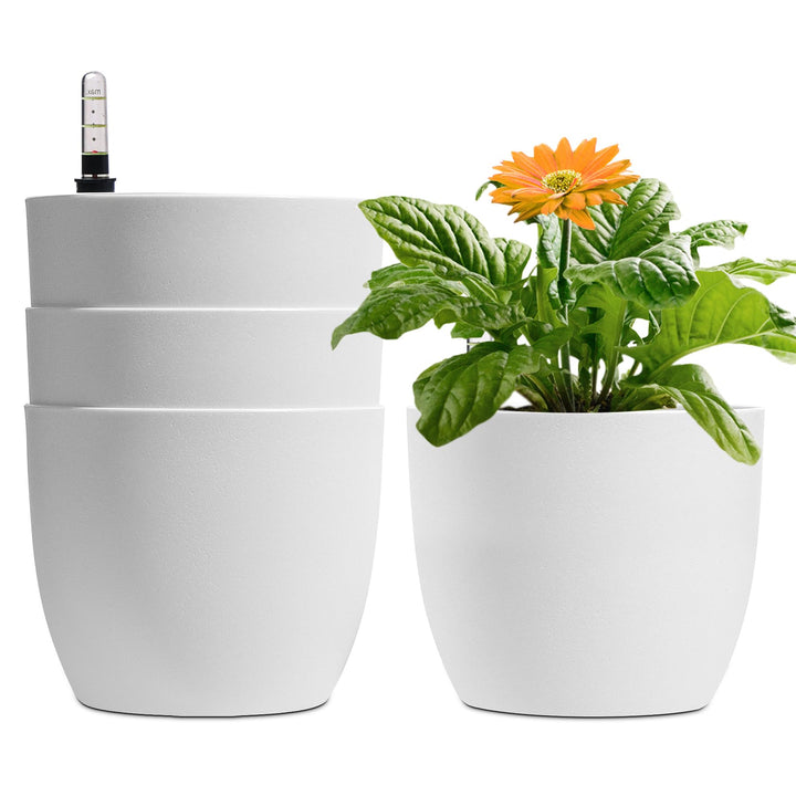 T4U 15cm Selbstwässernder Blumentopf mit Wasseranzeiger Weiss Blumentopf Set 4er-Set, Selbstbewässer