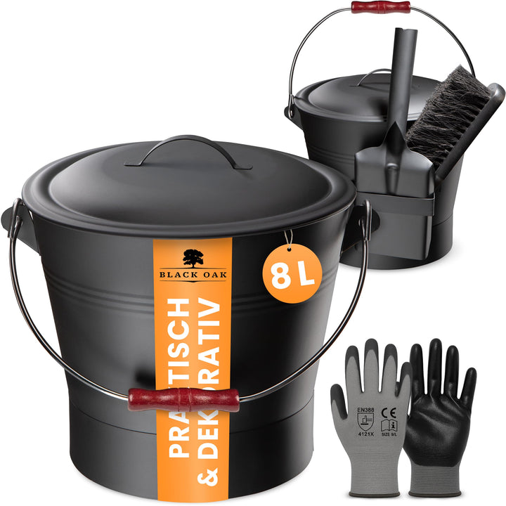 BLACK OAK Ascheeimer LANIN 8L - Asche-Eimer schwarz mit Deckel & Holz-Griff DUNKEL + Feger + Schaufe