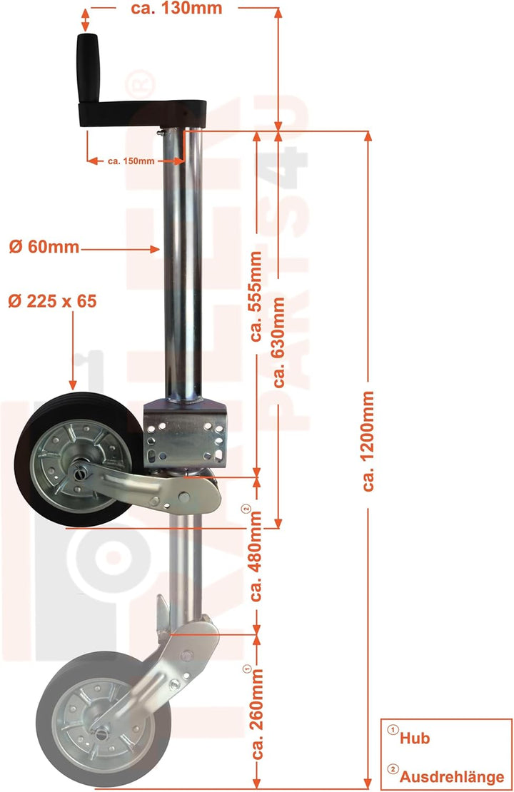 Automatik Stützrad Schwerlast mit Rangiergriff 500kg extra lang PKW Anhänger Trailer Rad 225x65mm
