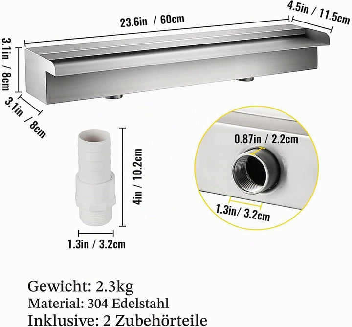Edelstahl Wasserfall Element 60cm,Teich Wasserfall Spillway Pool Brunnen Wasser Feature,Edelstahl Te